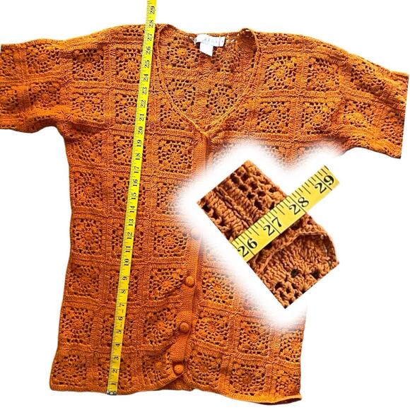 Tweeds Womens Medium Orange Linen Cotton Cardigan Open Knit Crochet Granny Core - Picture 5 of 9